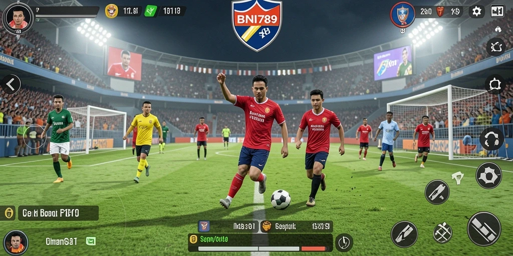 Screenshot gameplay BNI789 menampilkan pertandingan sepak bola yang menegangkan.