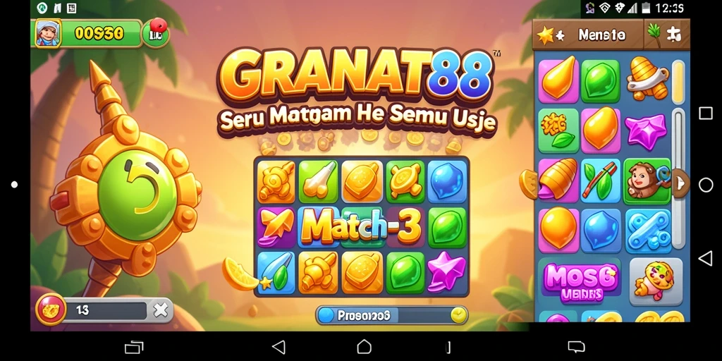 Screenshot menampilkan gameplay seru dan level Match-3 yang berwarna-warni.