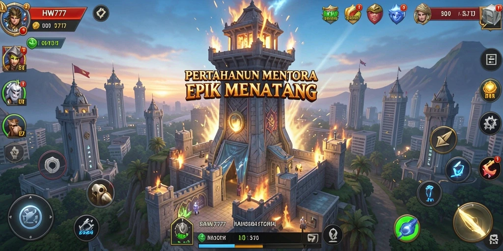 Gameplay HW777 yang menantang dengan menara dan strategi pertahanan.