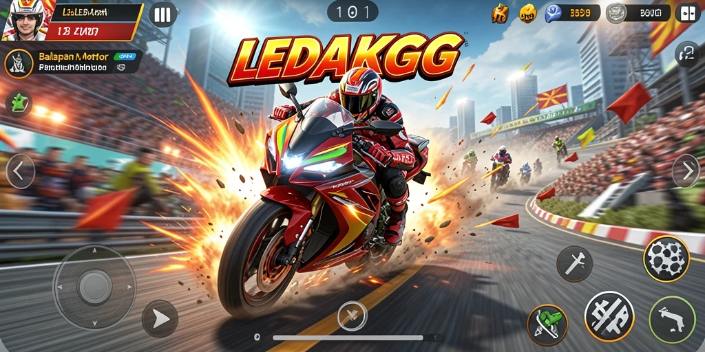 Tampilan sesi gameplay balapan motor di LEDAKGG yang seru dan mendebarkan.