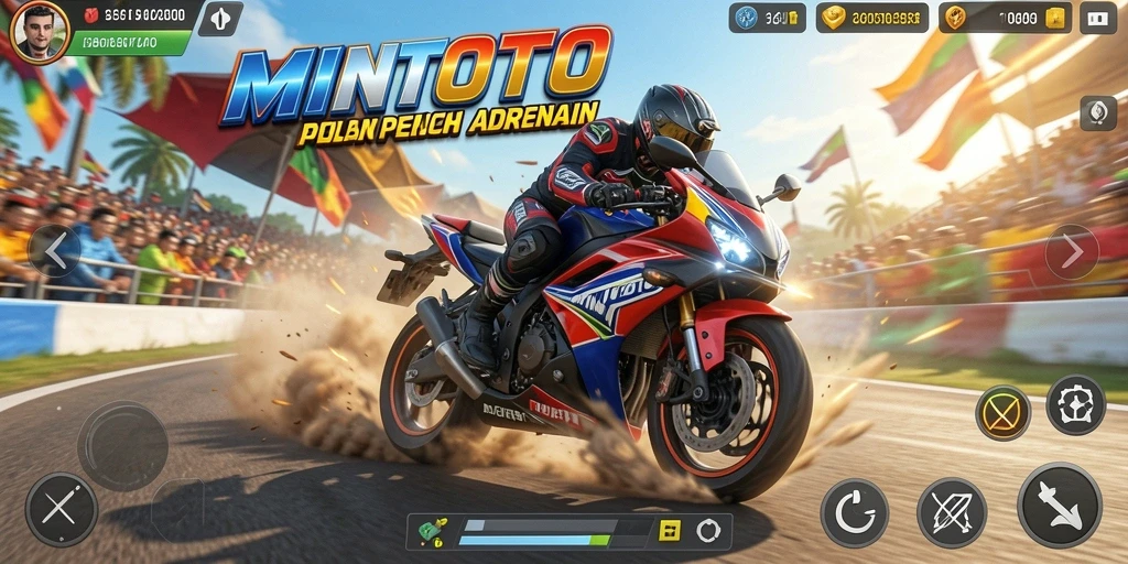 Tampilan gameplay MINTOTO dengan balapan motor yang mendebarkan.